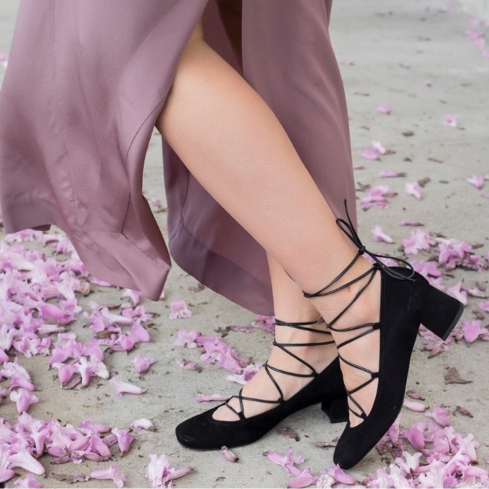 Black Cordon Lace Up Ballerina Pumps